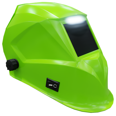 The Echo Fan Drive welding helmet, showing the fan intake, solar panel, and front-mounted LED light